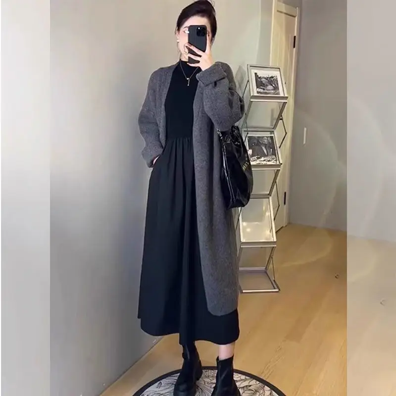 Deep Autumn and Winter Plus Size Women\'s Black Dress Lazy Style Long Cardigan Sweater Dress Two-piece Set New in Matching Sets