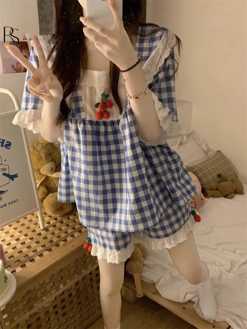 Japanese spring summer pajamas female cute plaid short-sleeved shorts two-piece set of sweet students home clothing