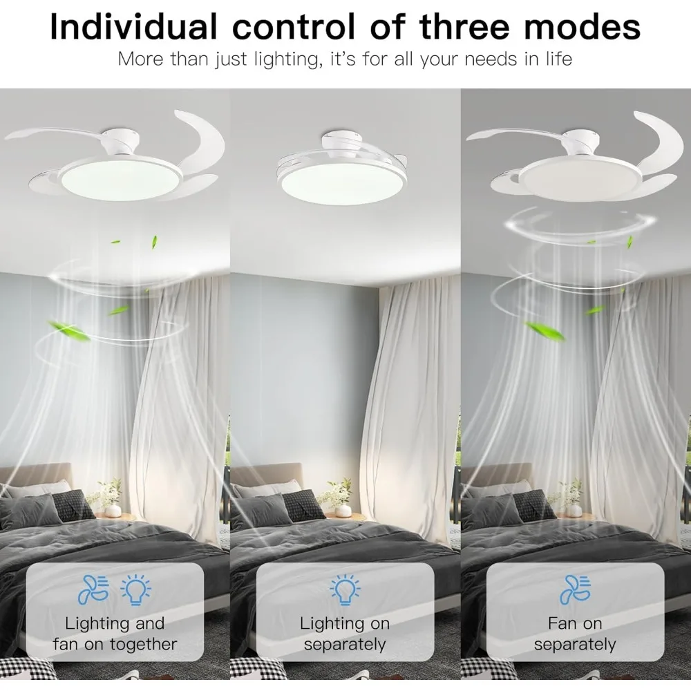 جديد - مروحة سقف قابلة للسحب مقاس 48 بوصة، مروحة سقف منخفضة الطيف بالكامل مع ضوء وجهاز تحكم عن بعد، مروحة بيضاء حديثة لغرفة الطعام #2
