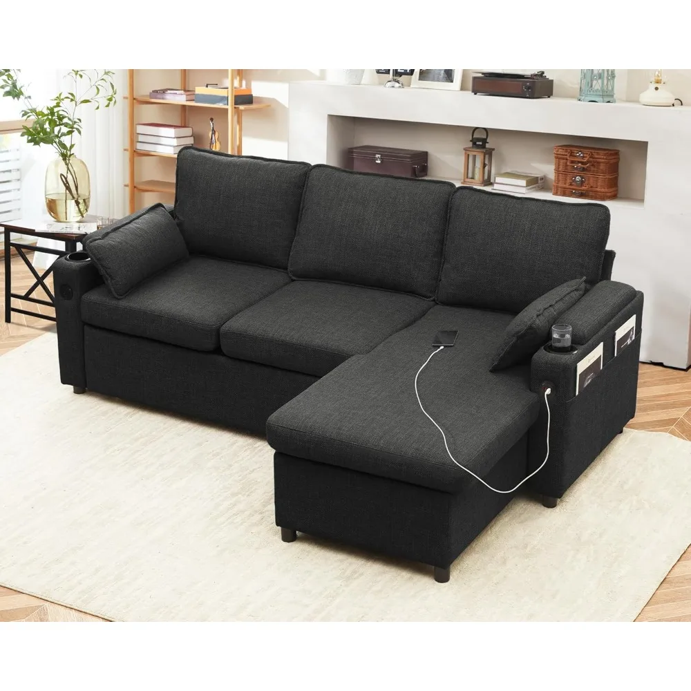 Sofa, Sleeper Sofa Pull Out 2 in 1 Sectional Sleeper Couches with Storage USB Cup Holder Pullout Sectional Couches, Sofa Bed