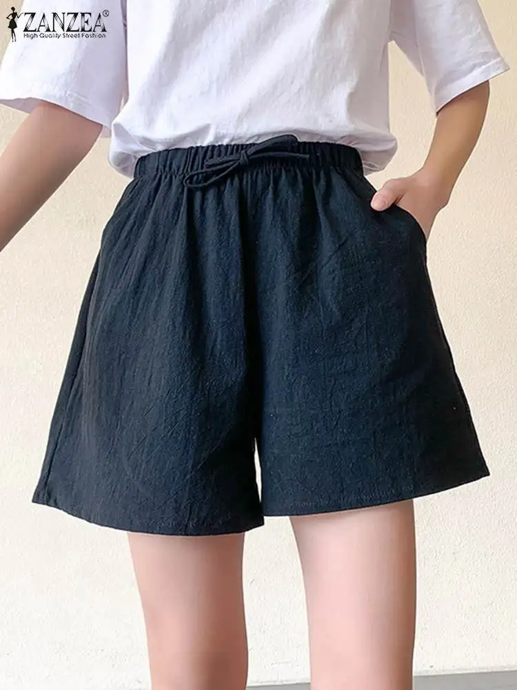 

ZANZEA Fashion Women Shorts 2024 Summer High Elastic Waist Casual Solid Color Shorts Elegant Pockets Loose Bottoms Home Wear