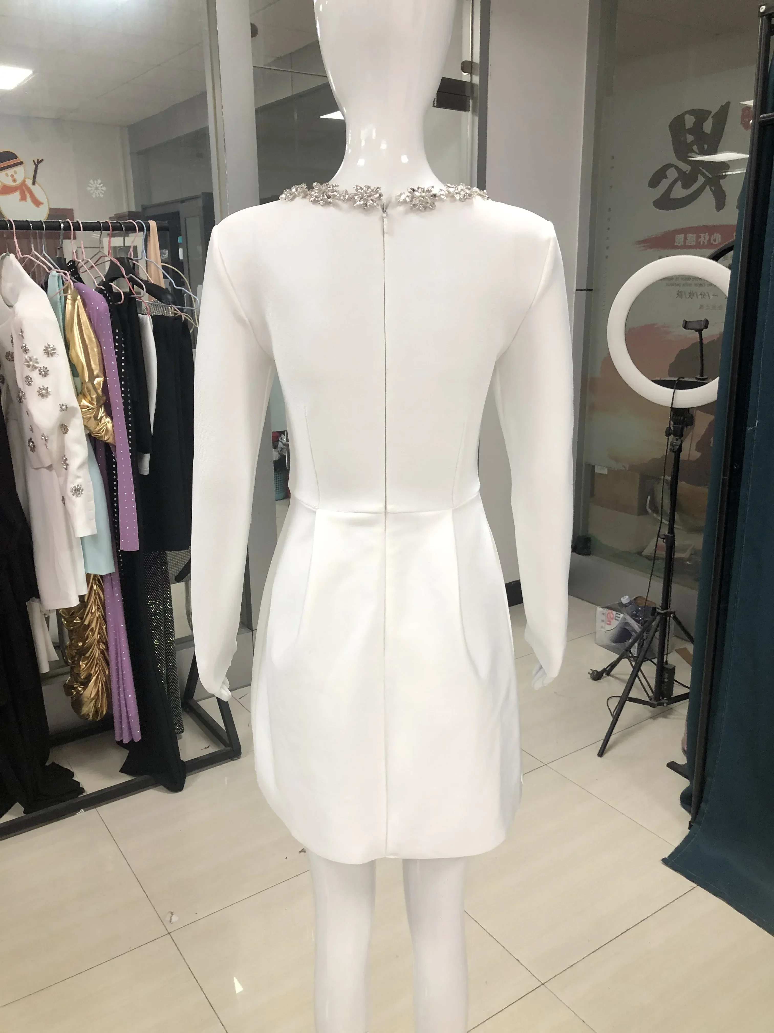 2024 Summer New Women\'s White Long sleeved Square Neck Diamond Pocket Decoration A-line Dress Bodycon Celebrity Party Mini Dress