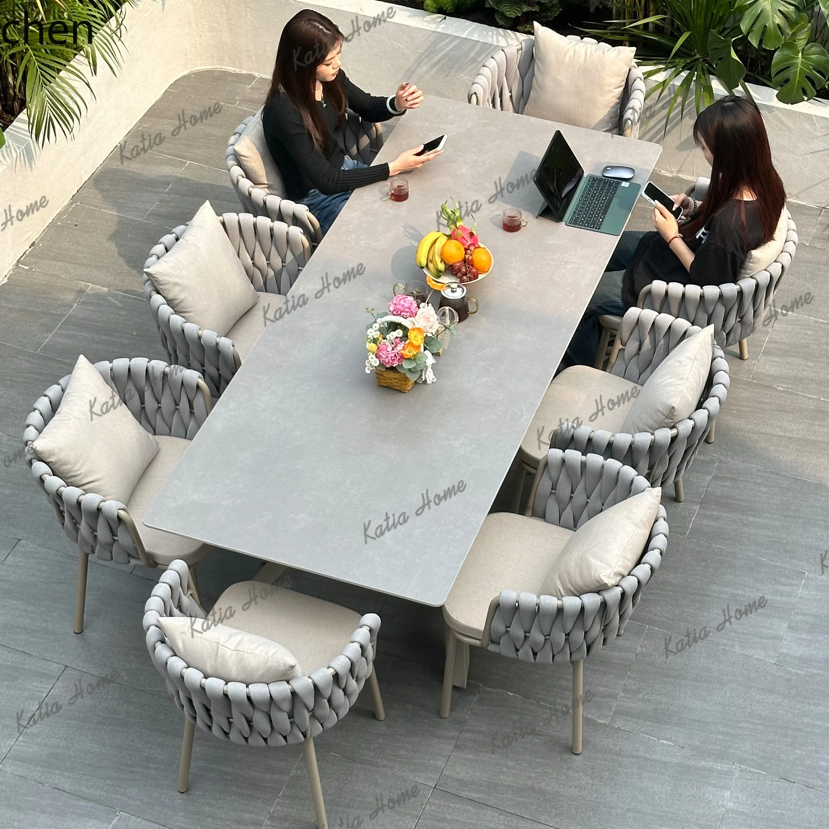 PG Outdoor Table and Chairs Courtyard Open-Air Waterproof Sun-Proof Rattan Furniture Rock Plate Dining Table Rattan Chair