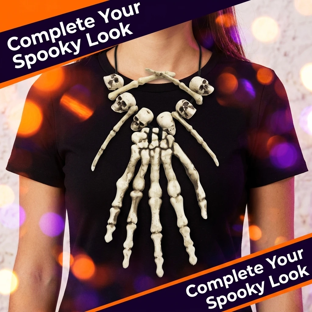 Halloween Skeleton Necklace Vintage Distressed Skull and Bone Hand Pendant Scary Spooky Gothic Jewelry for Horror Costume Cosplay Party Accessories Retro Plastic Bone Choker for Men Women Kids