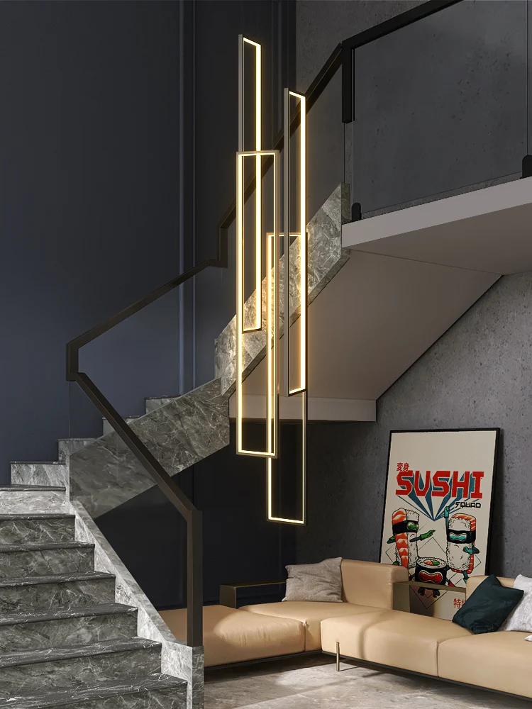 Modern Light Luxury Staircase Long Chandeliers Creative Gold Black Rectangular Duplex LED Pendant Lights Attic Living Room Lamps