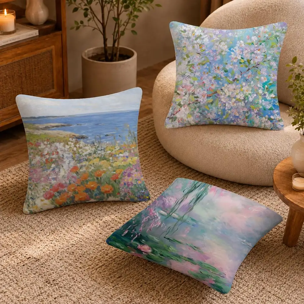 Monet Impressionist Floral Cushion Cover Short-Plush Cushion Cover Pillowcase — Suitable for Sofas Bedrooms and Home Decor