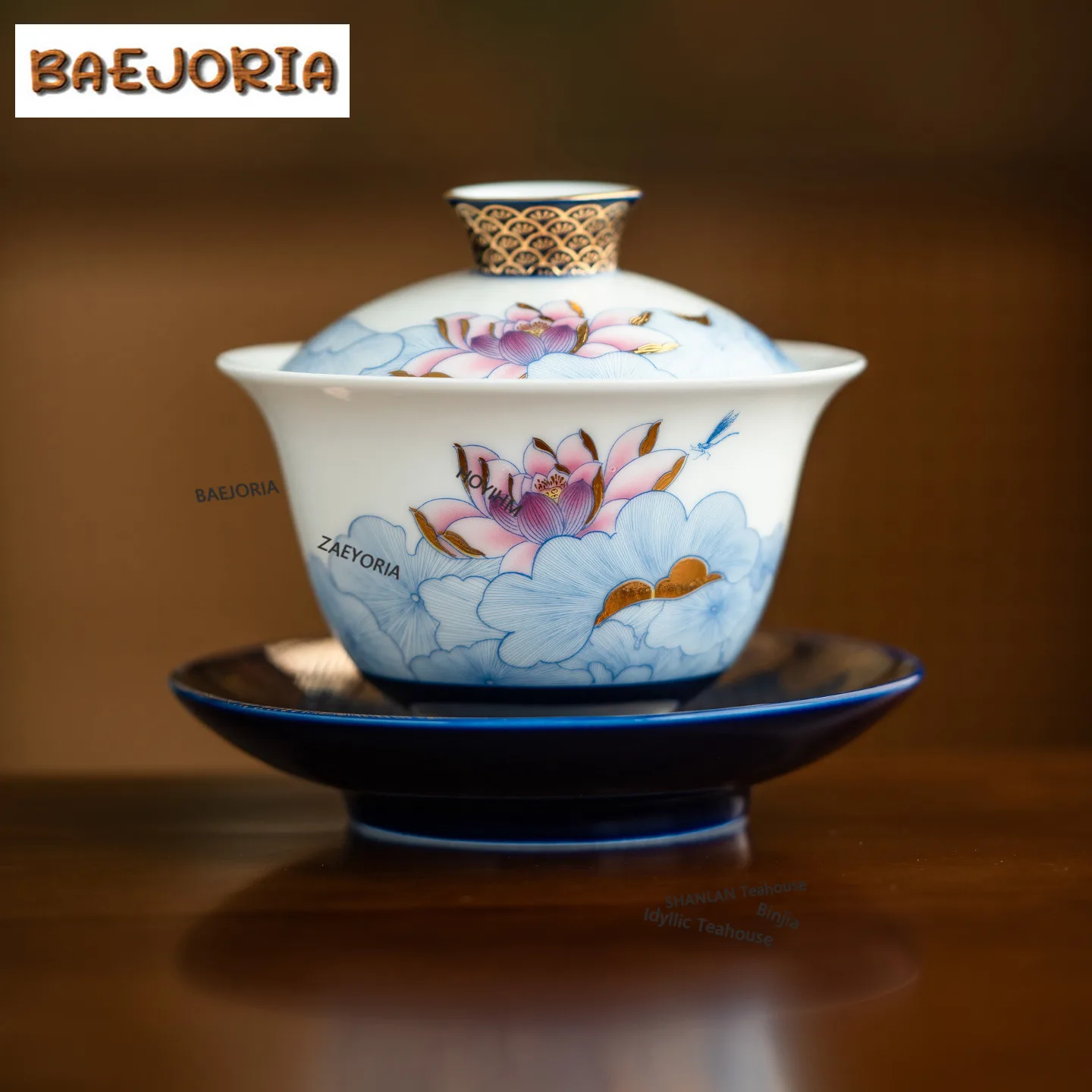 BAEJORIA 130ml Decal Gold Drawing Lotus Dragonfly Gaiwan Elegant Tea Tureen Tea Bowl With Lid Kit Tea Maker Cover Bowl Cha