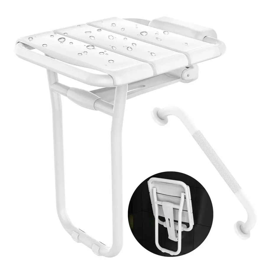 

Shower Seat Wall Mounted 500 Lbs Capacity 14x16 Stainless Steel Shower Bench w 16 Grab Bar for Inside Shower Bathtub, Heavy Duty