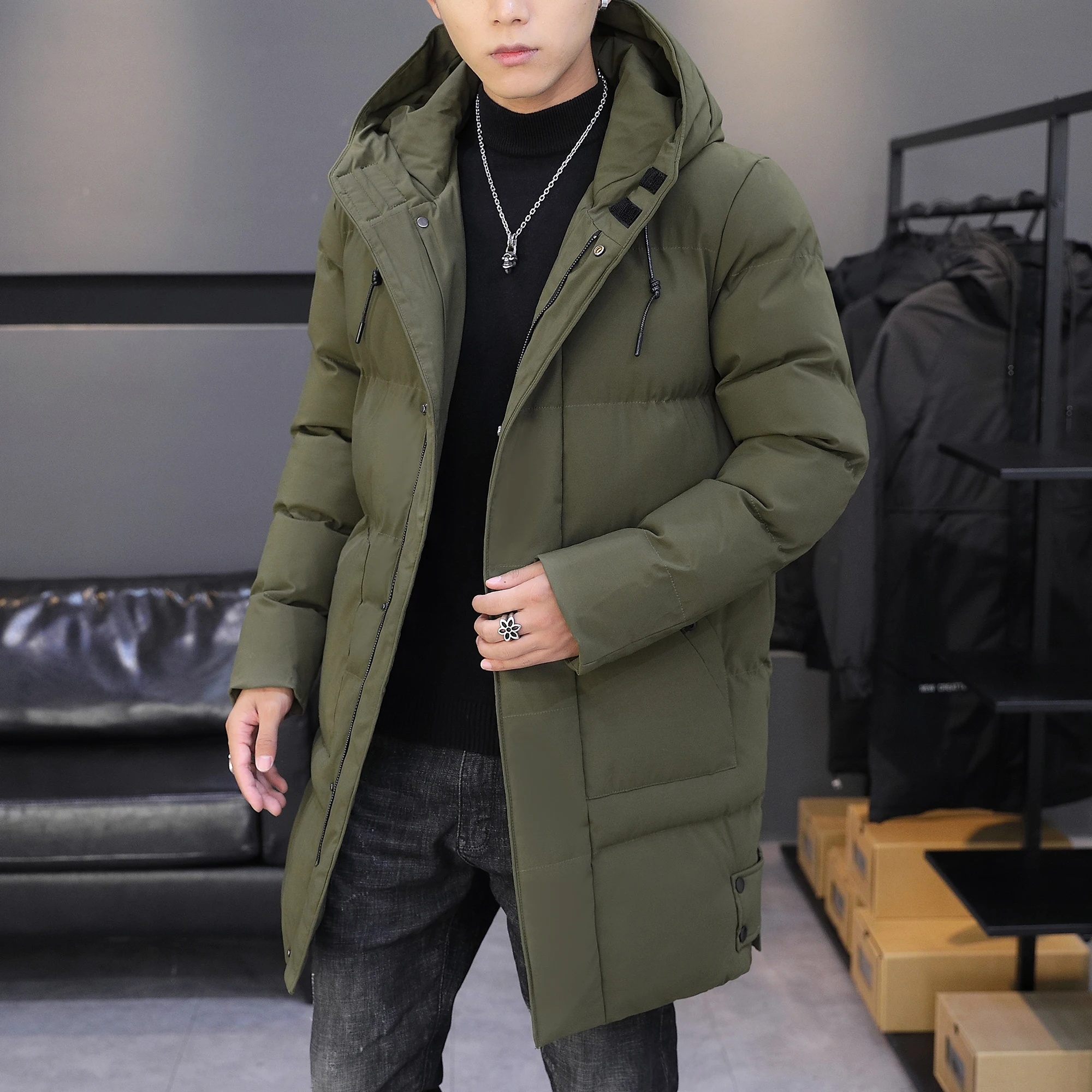 Hooded cotton jacket for men, medium to long length, thick and warm jacket, long cotton jacket, cold proof winter coat, cotton j