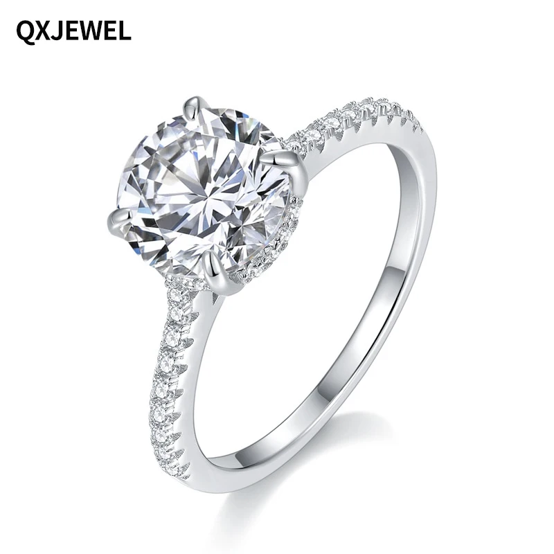 QXJEWEL 925 Silver VVS Moissanite Ring Hidden Halo 4 Prongs Round Cut D Color 1ct 2ct 3ct Fine Jewelry For Women Engagement Gift