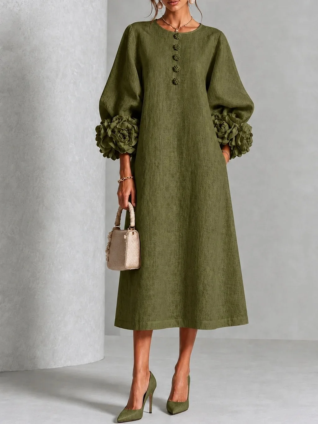 Elegant Women Linen Midi Dress O Neck 3D Floral Lantern Sleeve Button Loose Straight Long Dress Modest Casual Party Dresses 65 S911c8545f21b481296f493f2ac6f4284w