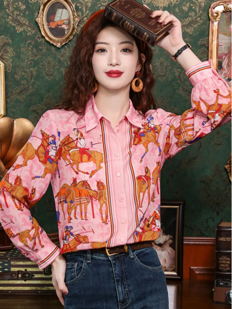 #3134 Spring Pink Printed Satin Shirt Women Turn-down Collar Office France Style Vintage Womens Tops And Blouses Slim Fit