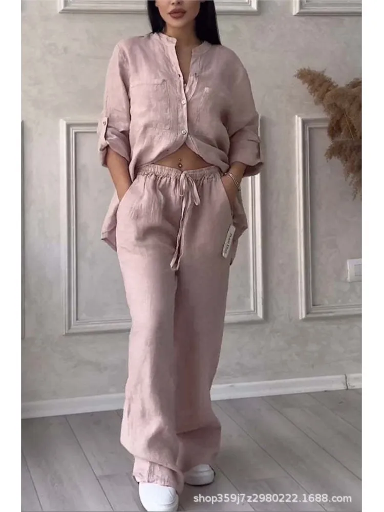 Women Two Piece Sets Spring Autumn Casual Long Sleeve Pocket Shirts 2 Piece Set Fashion Loose Wide Leg Pants Suit Outfites