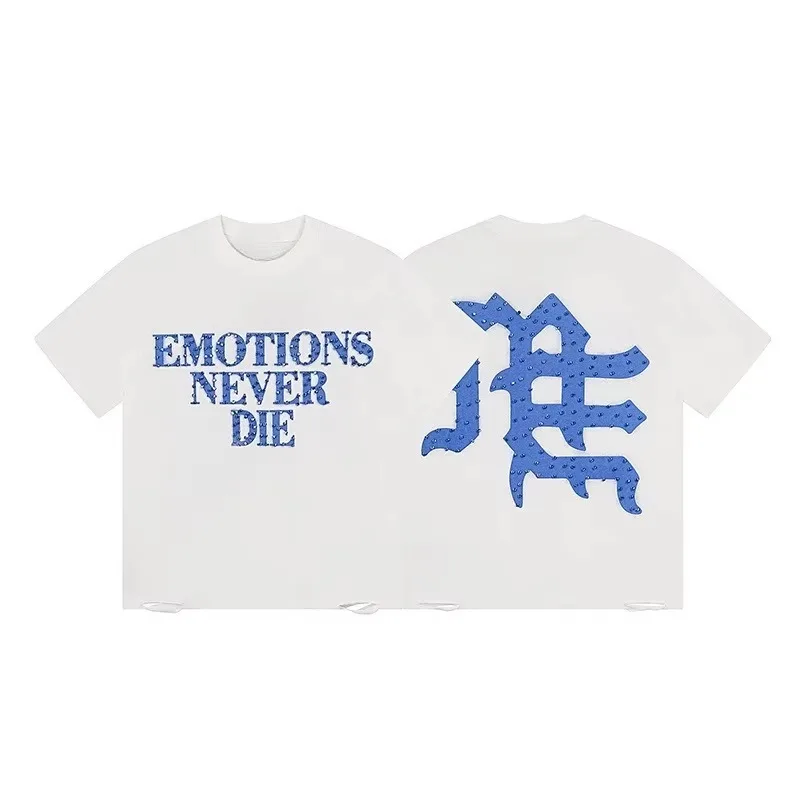 2026 Men Gothic Letter Emotions Never Die Graphic T Shirt Crew Neck Short Sleeve White Distressed Oversized Streetwear Tees