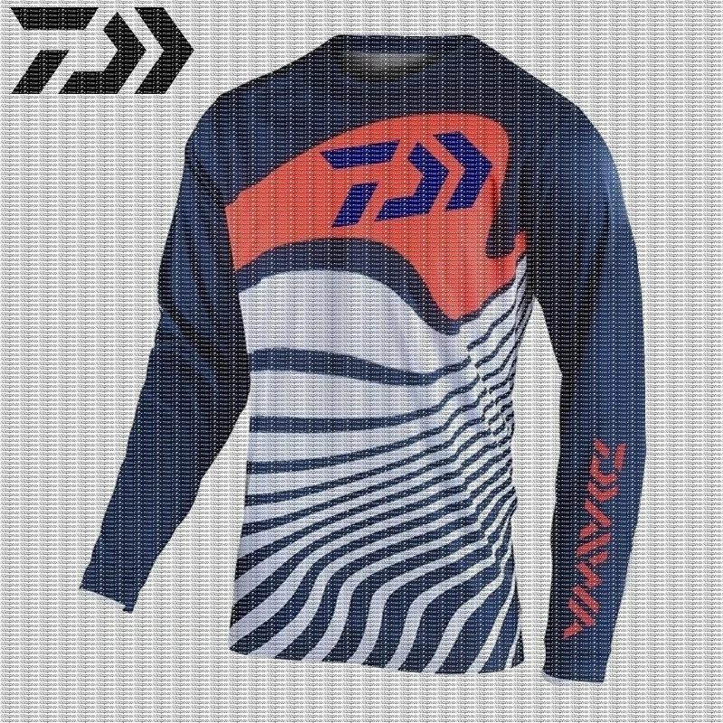 Men's Luya Sea Fishing Long Sleeve Fishing Shirt with Wave Full Print Breathable Sunscreen Fishing T-shirt