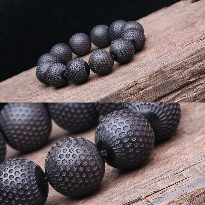 Natural ebony 20mm wood bead Bracelet Men\'s beaded carved black Good luck stretch bracelet