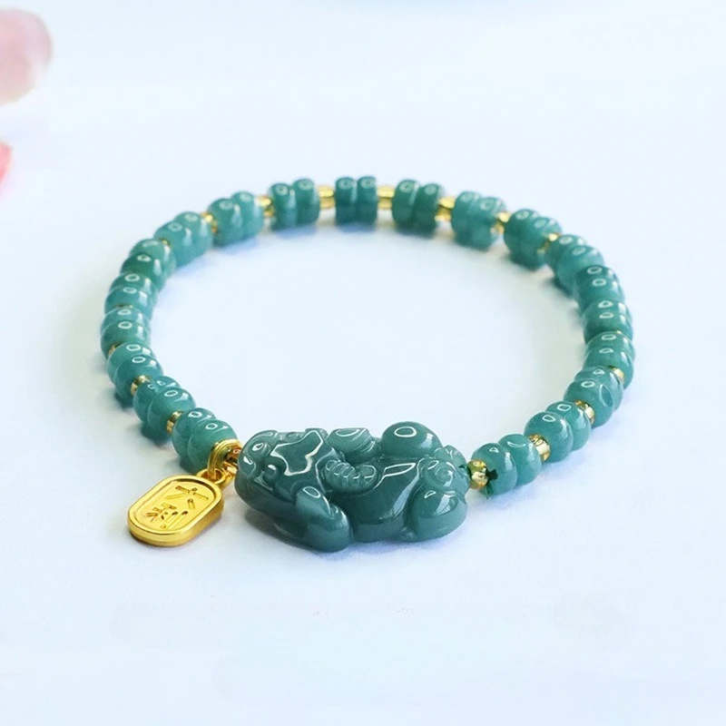 

Natural Emerald Blue Water Jade Pixiu Abacus Beads Bracelet Jadeite Hand Woven Vintage Carved Amulets Fashion Jewelry Gifts
