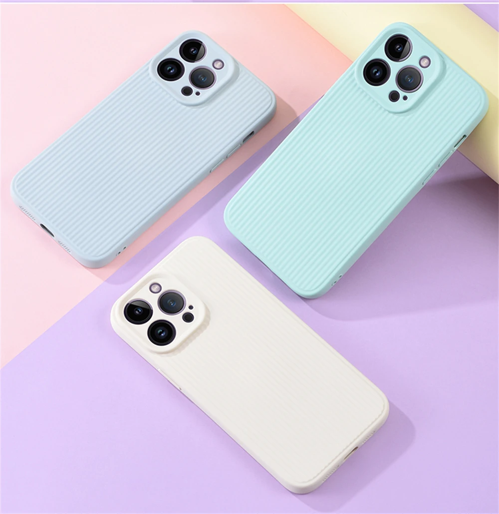 Fashion Stripe Liquid Silicone Case for iPhone 12 13 14 Pro Max 15 Pro Soft Shockproof Camera Protection Cover for iPhone 15 Pro