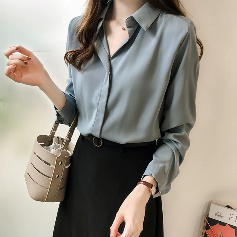 

2021 Sexy Elegant Office Lady Simple Shirt Blouse Chiffon Solid Basic Blouse Women Blusas Mujer Moda Shirt Female Vintage Top