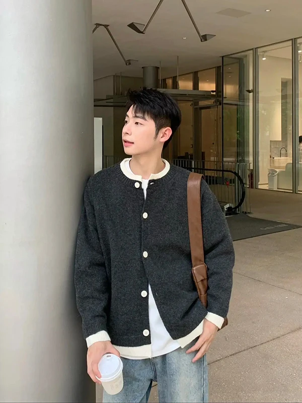 

American Sle Double Layer Knitted Cardigan Men's Autumn High Sensation Color Colion Design Button Coat Casual Sle Long...