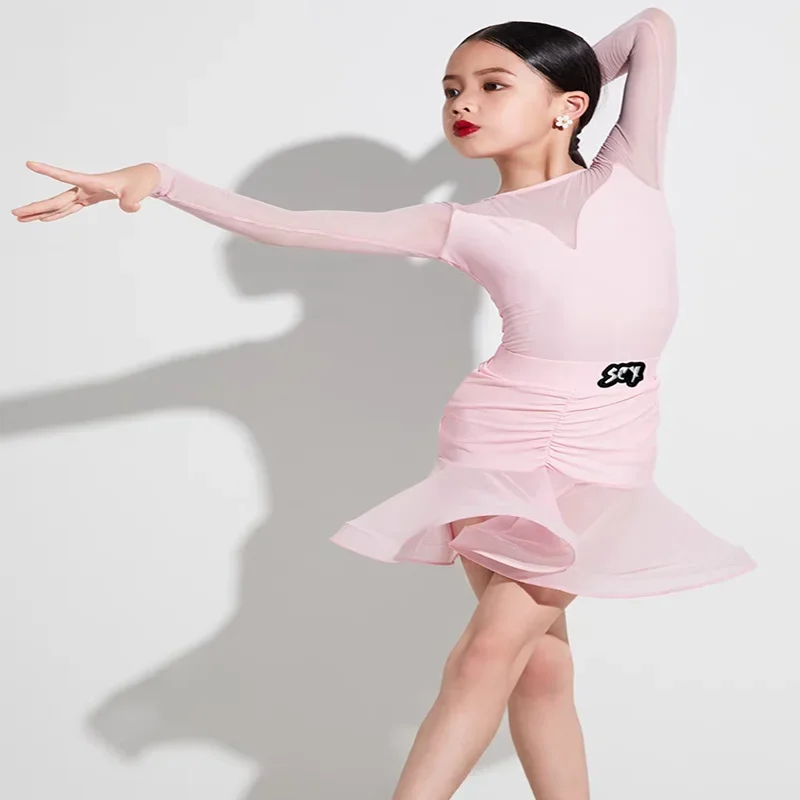 Sukienka do tańca latynoamerykańskiego dla dziewcząt, frędzle, ubrania do tańca latynoamerykańskiego, strój konkursowy dla dzieci, kostium do salsy, różowy top i spódnica, sukienki do tańca towarzyskiego i tanga dla dzieci.