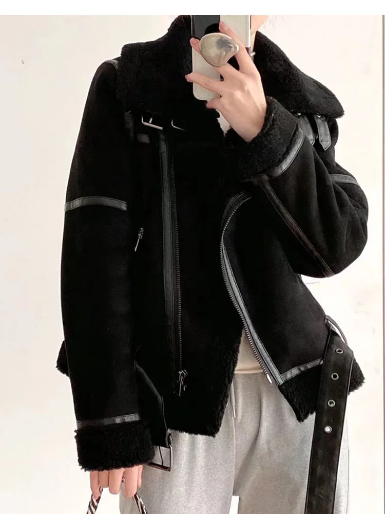 ZADORIN 2025 Winter Stijlvolle Suède Oppervlak Faux Lamsbontjas Vrouw Y2K Kleding Mode Moto Dikke Warme Bontjas Topjassen
