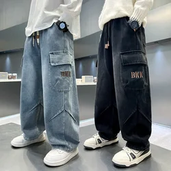 Teenage Boy Casual Cargo Jeans with Big Pocket For Child New Loose Style Denim Pants Kids Fashion Street Jeans Trousers 5-14T