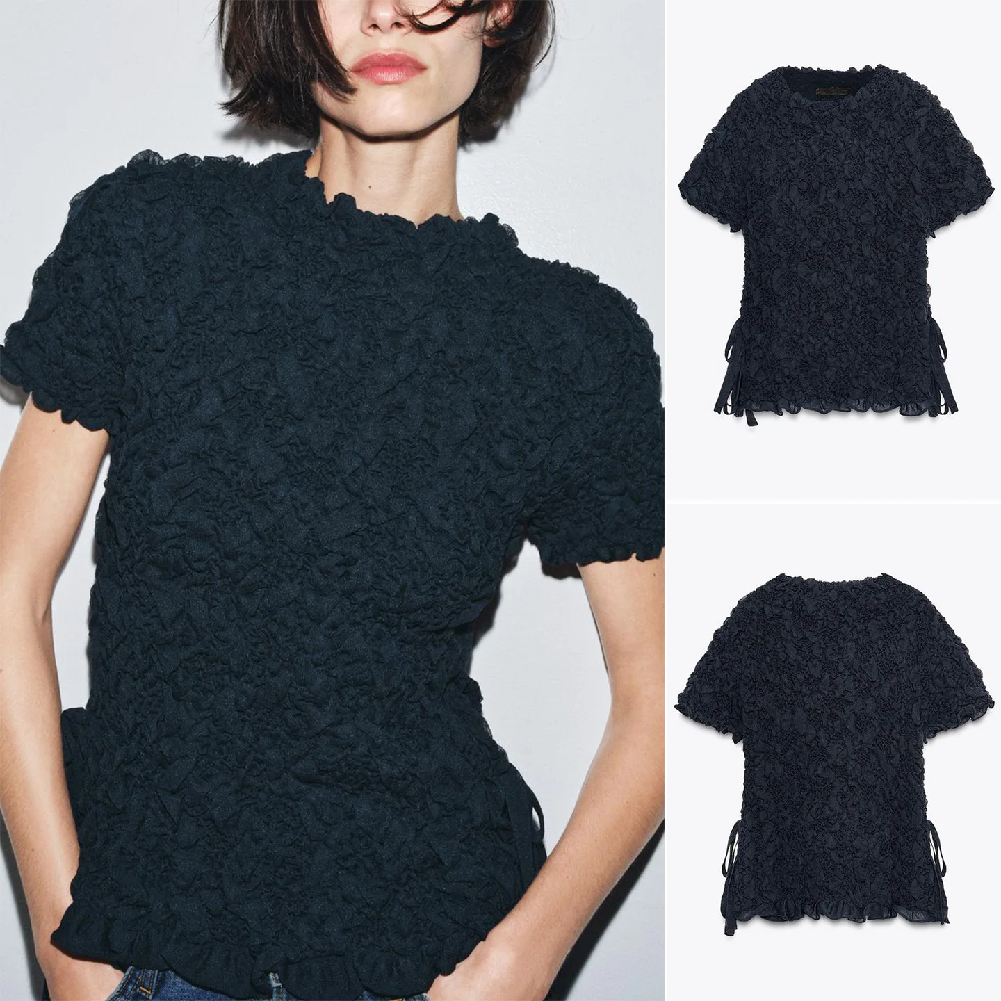 

Winter New Women's Knitted ort Sve round Ne Side Slit Texture T-irt Knot Casual Sle Slim Fit Polyester