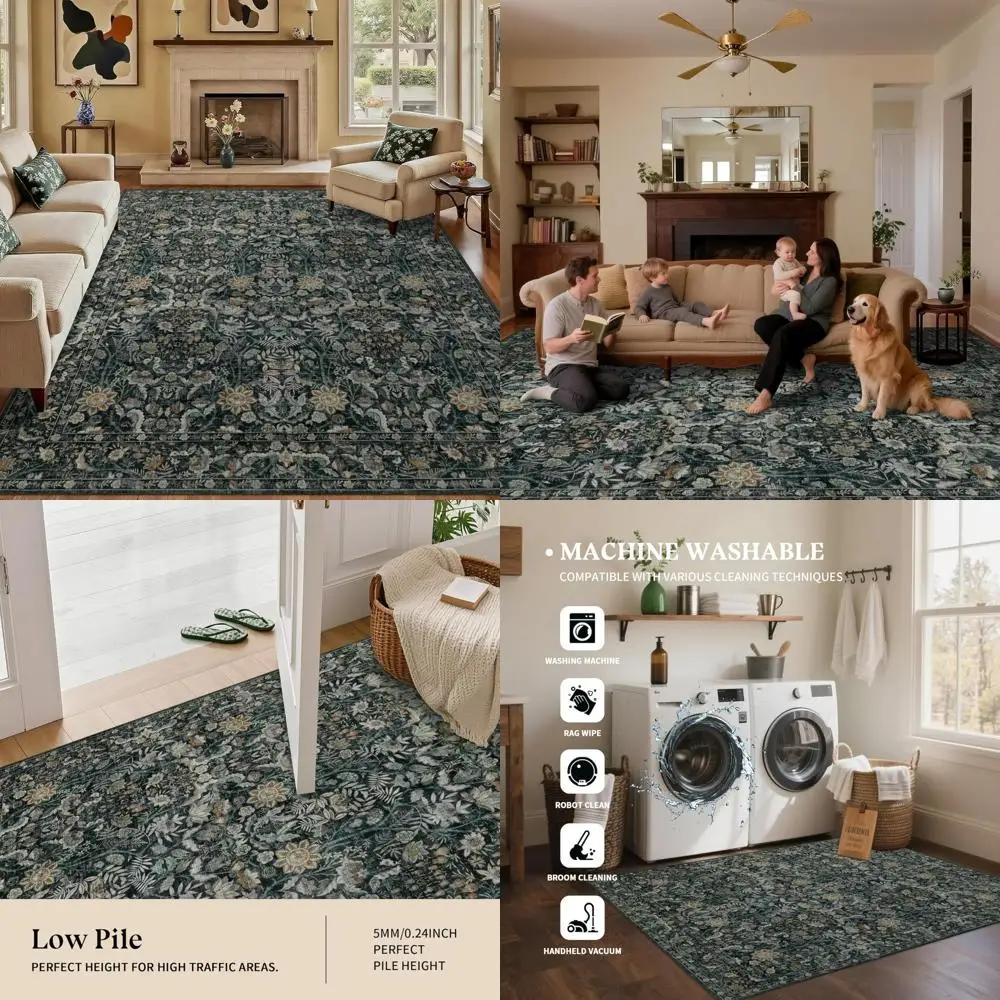 

Vintage Floral Area Rug - 8x10 Washable, Soft, Non-Slip, Stain Resistant for Living, Bedroom, and Dining Rooms