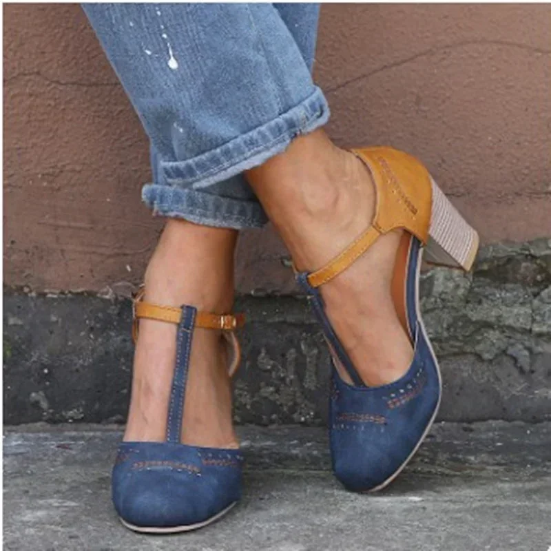 Women Retro Round Toe Color Blocking High Heels Sandals Female 2024 Spring Summer New Fashion Pumps Buckle Platform Shoes 35-43