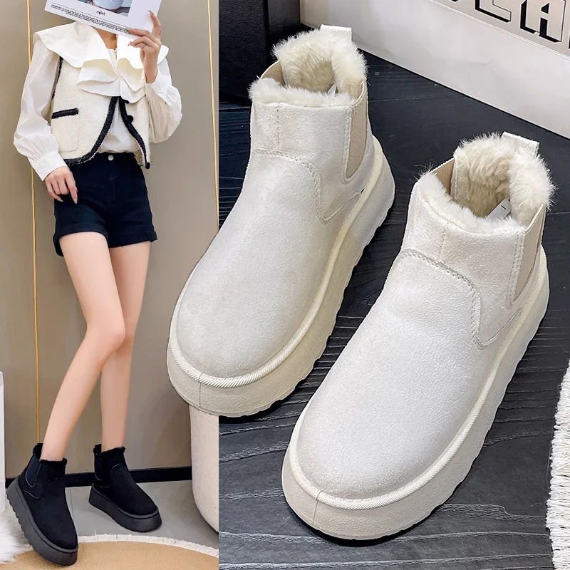 2024 Winter Women Short Plush Warm Snow Boots Casual Shoes  New Suede Fur Chelsea Ankle Boots Flats Platform Ladies Shoes Botas