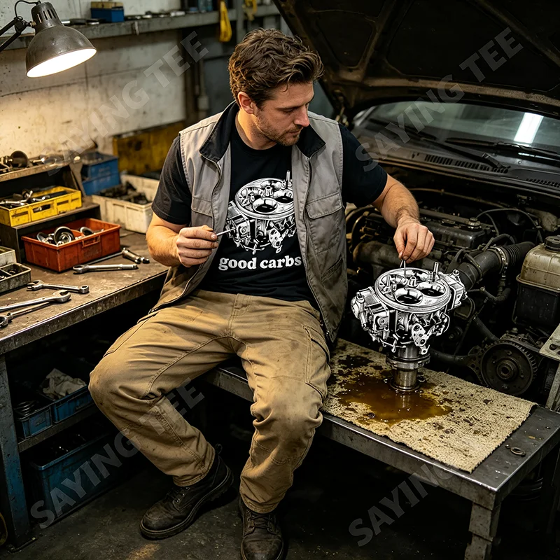 Good Carbs 4 Barrel Carburetor Car Enthusiast Mechanic Car T-Shirt Y2k Personalized Car Repairman Graphic Saying Tee Men Clothes – Detail 4