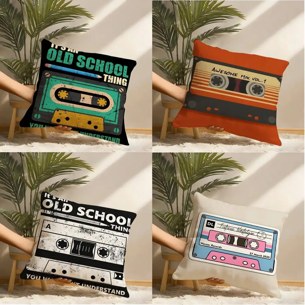 Old School Cassette Tape Cushion Cover Natural Linen Organic Fabric Double-Sided Printing Sofa Home Decor Gift Pillow Cover