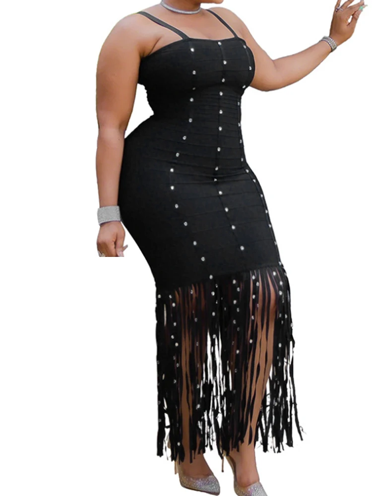 Robe de soirée sexy sans manches avec ourlet à franges et perles