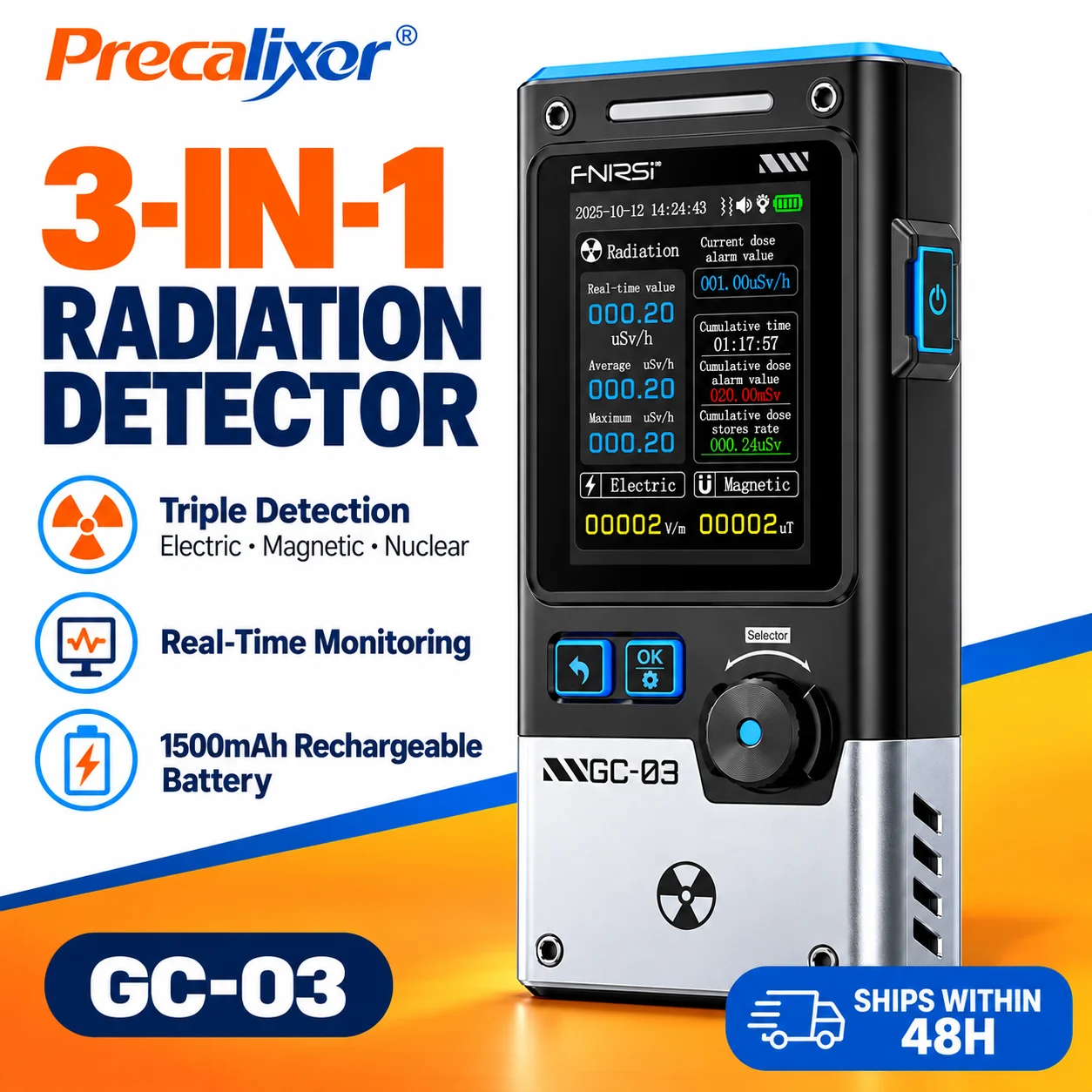 GC-03 3-in-1 Geiger Counter Nuclear Radiation Detector EMF EF Meter Real-Time Monitoring Color Screen Alarm Portable Dosimeter