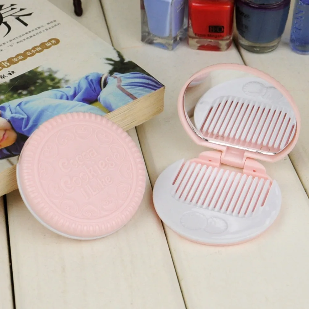 Mini 2 in 1 Comb Mirror Set Pocket Mirror Portable Makeup Mirror with Comb Set Durable Cute Chocolate Cookie Shaped Children