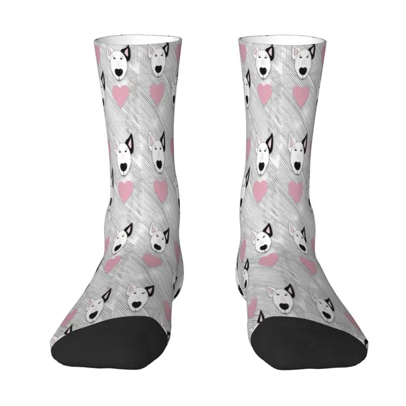Novelty Printing Bull Terrier Dog Hearts Stripes Pattern Socks for Women Men Stretch Summer Autumn Winter Animal Crew Socks