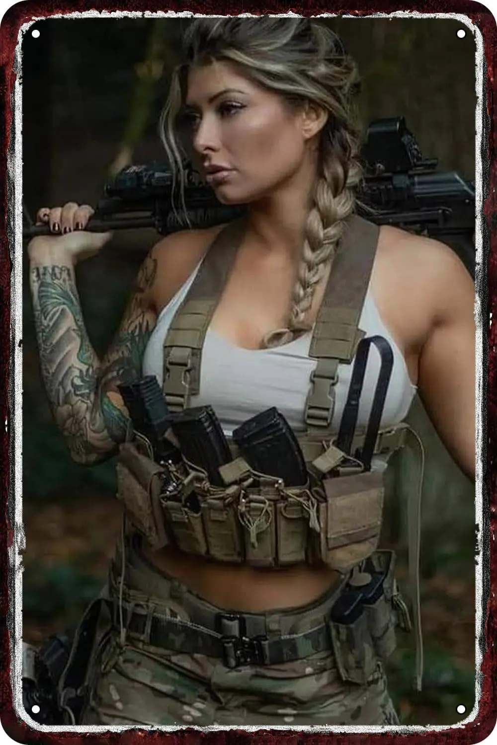 Metal Signs Army Pin Up Girl Sexy Lady Military Female Soldiers With Braids And Guns Vintage Tin Sign Funny Art Wall Decorations