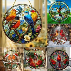 Red Bird Suncatcher,Christmas Bird Translucent Acrylic Round Sign Hanging Ornament,New Year Holiday Gift  Porch Wall Home Decor