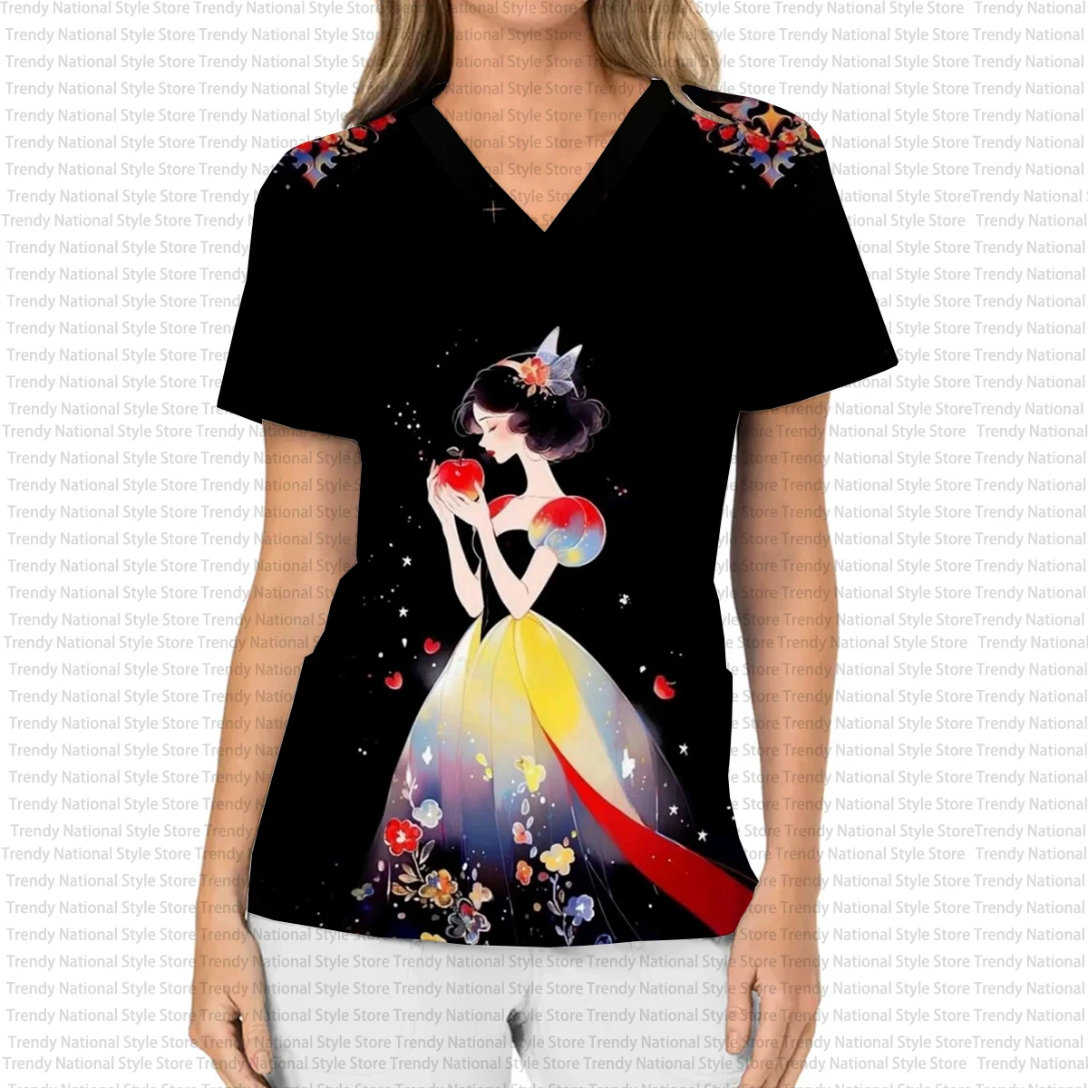 تي شيرت نسائي بلوري برقبة على شكل حرف V، هدية عيد الميلاد، طباعة أميرات ديزني دريم، عيادة أسنان عصرية/مستشفى/زي ممرضة