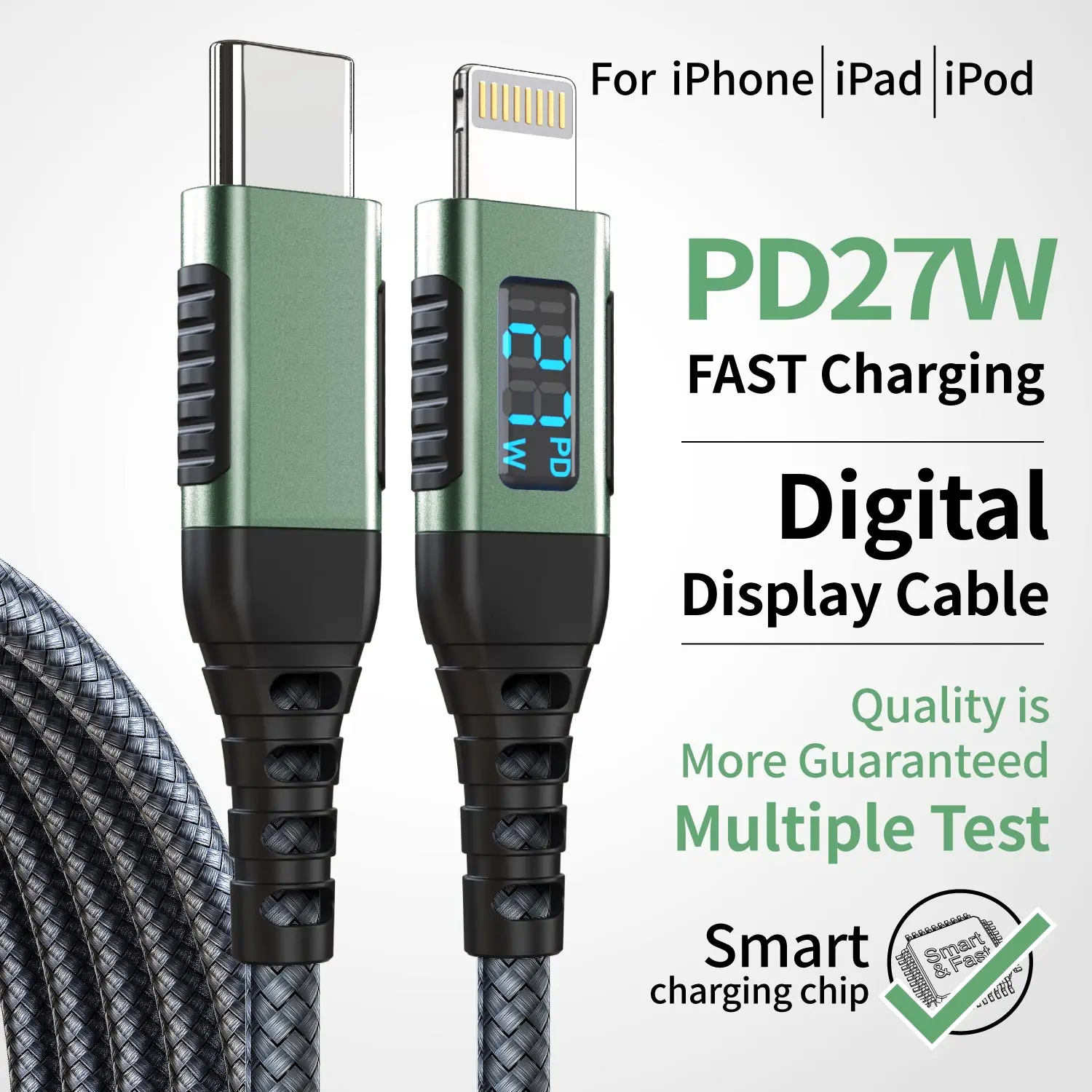 MFi-Zertifiziertes USB-C zu Lightning Ladekabel mit LED-Anzeige, 27W PD Schnellladung für iPhone 8-14 & iPad
