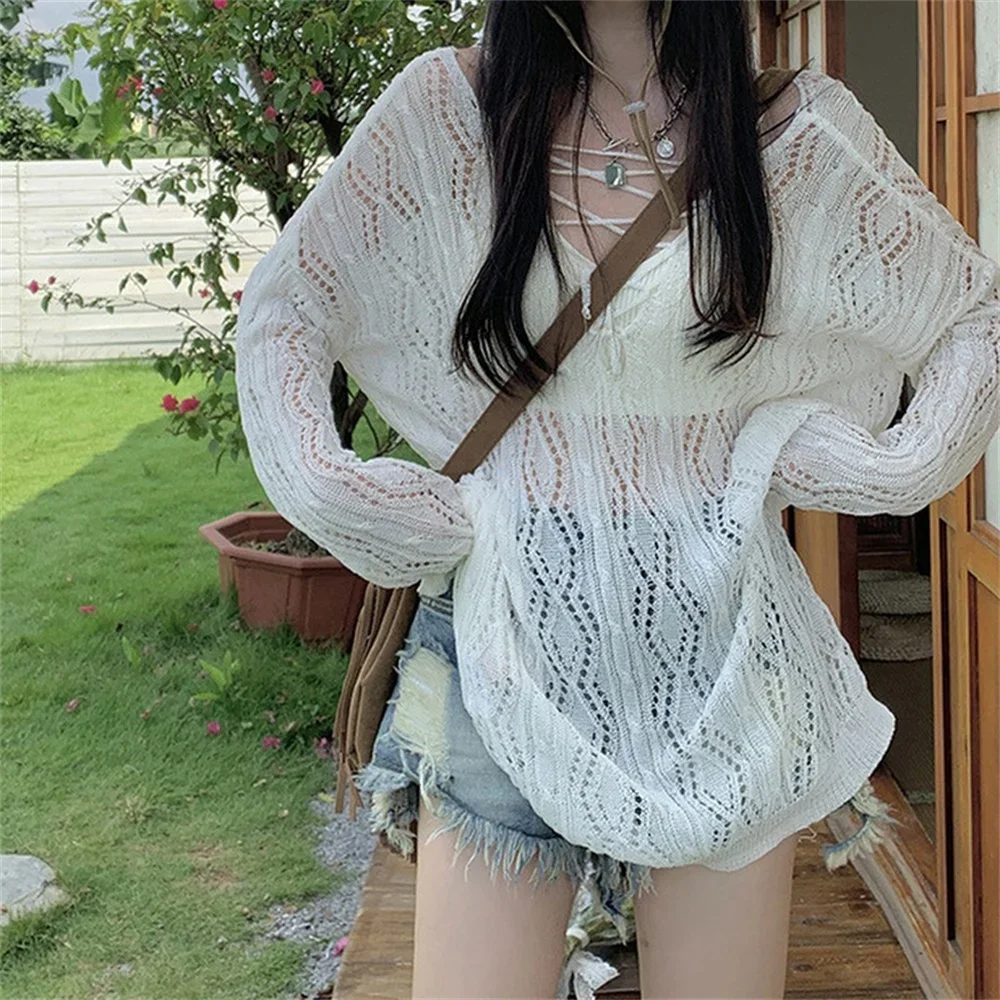 2024 Girl Hole Lazy Style Full Sleeves Jumpers Tops Hollow Out Sexy Women Fashion Casual Streetwear Femme Sweaters Pullovers