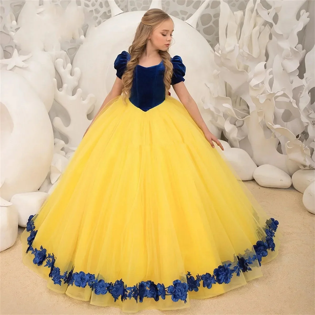 Elegante vestido de menina de flor de veludo para casamento tule inchado apliques com arco princesa criança primeiro vestido de festa de aniversário eucarístico