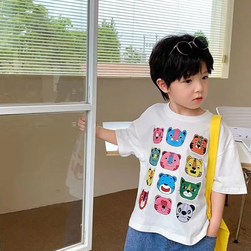 Summer Handsome Cool Kids Boy Casual Cartoon Bear Print Trendy Children's Pure Cotton T-shirt Short Sleeve Toddler Tees Han Fan