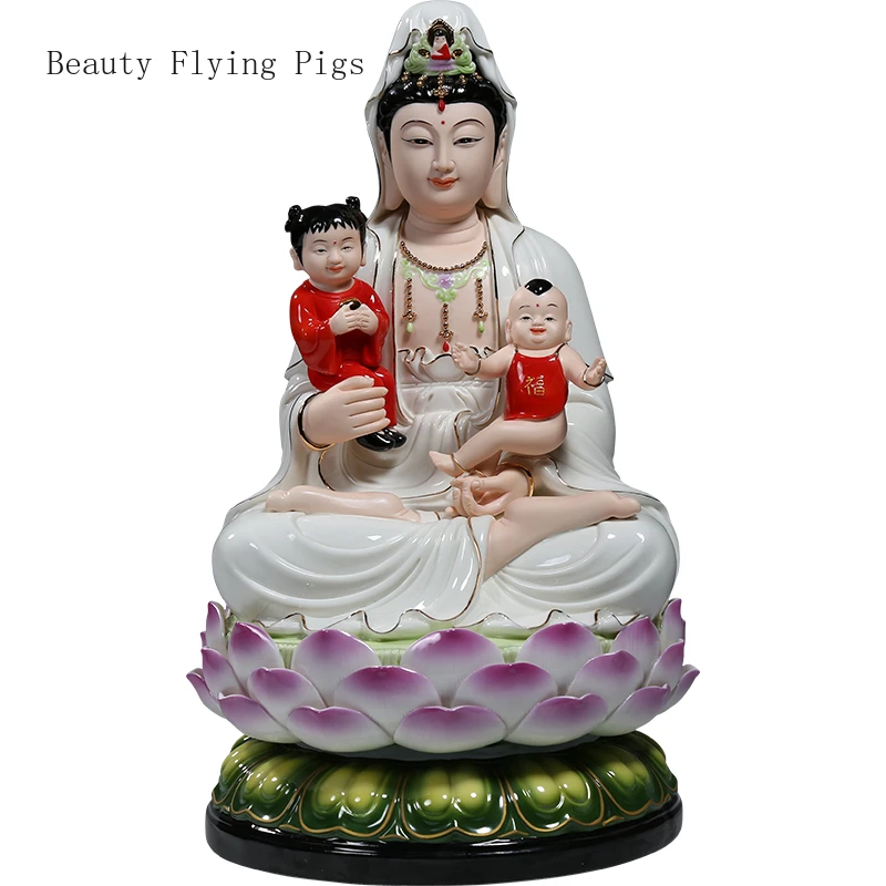 

Boutique 14 inch ceramic painted lotus sitting Guanyin statue, Bodhisattva Buddha statue decoration feng shui home decor