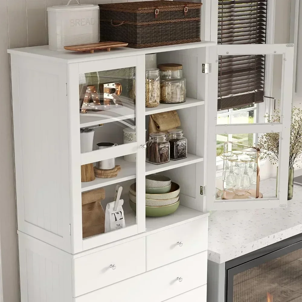 Armoire de rangement pour garde-manger de cuisine, armoire de bar autoportante avec portes en verre et étagères, armoire à clapier avec 2 portes de proximité, 71 po de haut