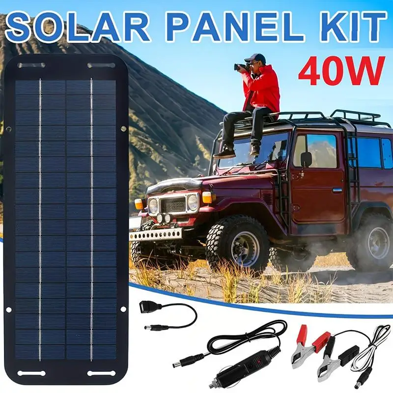 1 Set Battery Charger Kit 40W Solar Panel 6W 6V Trickle Charger With Double-Headed Clip And USB Female Cable Maintainer Boat Ca