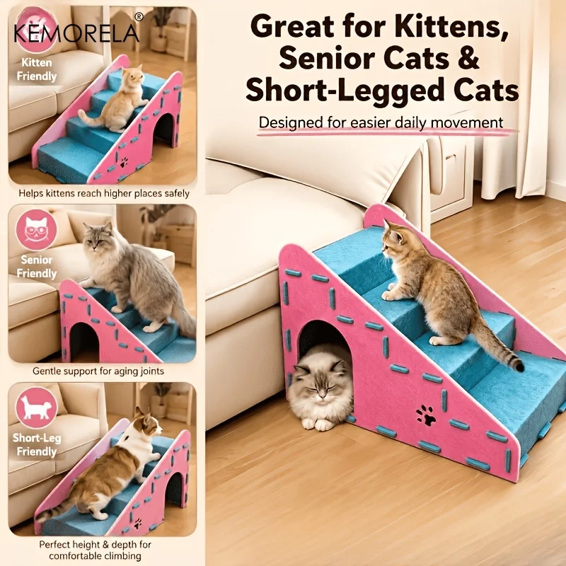 3-in-1 Cat Climbing Ladder With Cat Nest And Scratching Post Non-slip Cat Steps Suitable For Bed Sofa Durable Indoor Cat Ramp