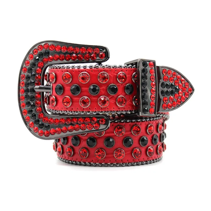 

men's casual diamond studded belt red rhinestone belts goth punk dress soft leather waistband womens stylish pin buckle strapon