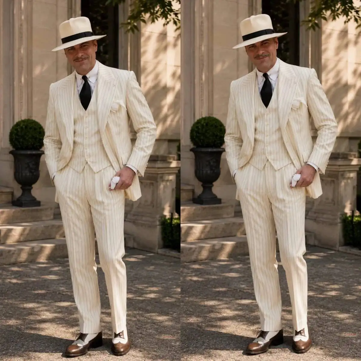 3 Piece Suit Old Money Style Slim Tailored Fit Ivory Pinstripe Men Wide Peak Lapel V Neck Waistcoat Spring Summer Customized